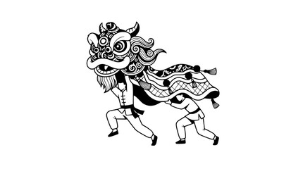 Fototapeta premium Chinese Lion Dance Performance - Black and White Illustration