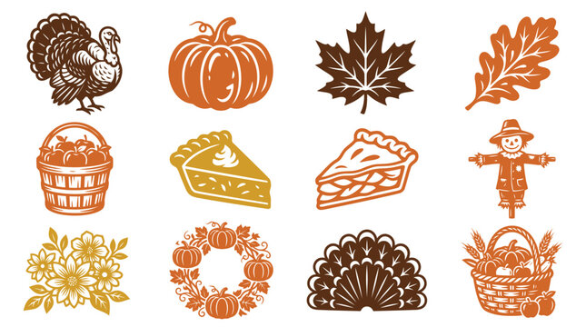 A detailed thanksgiving icon set vector bundle featuring seasonal autumn elements like turkeys pumpkins pies leaves and harvest holiday decorations
