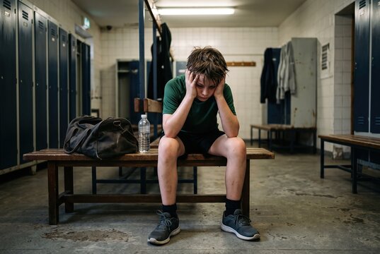 A boy sits on a bench in a locker room looking down with his hands on his head. The room has lockers and some bags. A water bottle is on the bench nearby. It is day time