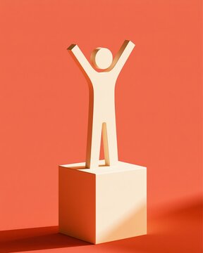 Person figure with raised arms standing on pedestal representing success and achievement