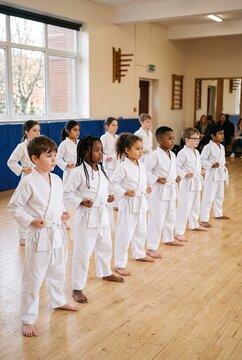Kids stand in a line wearing white uniforms and focus on their teacher at a local community center. The class takes place in the afternoon