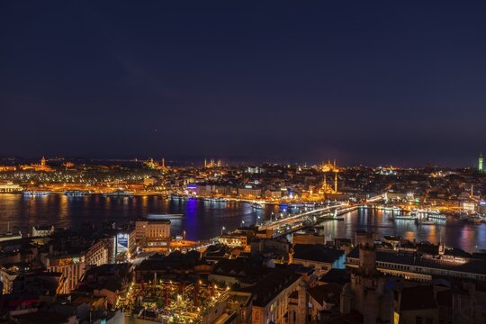 City view at night, Mosque Yeni Cami and Beyazıt Camii, Mosque Sultan Ahmet Camii and Hagia Sophia, S&uuml;leymaniye Camii, Galata Bridge, Golden Horn, Bosporus, Fatih, Istanbulan part, Turkey