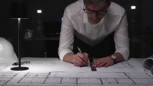Architect working on blueprints late at night, focusing on construction plans and project engineering design. Business and architect people concept