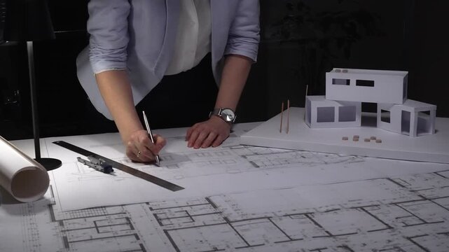Architect analyzing blueprints and architectural scale model, planning a modern house construction project. Business and architect people concept