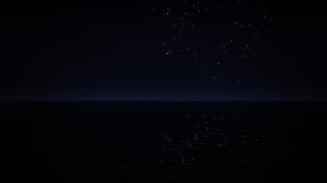 A single vertical beam of golden light rising above a calm dark horizon under a starry night sky
