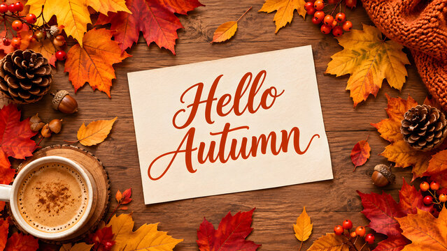 hello autumn with fall leaves ai generated background banner