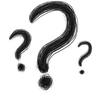 Three hand drawn question marks in black ink on a white background