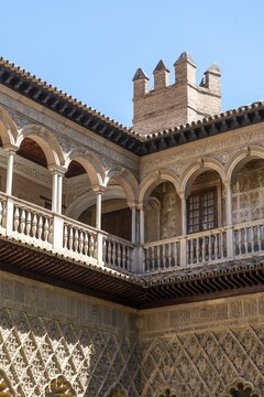 Detail, arches in the Patio de las Doncellas, Court of the Virgins, Italian Renaissance courtyard with stucco arabesques in Mudejares style, Royal Palace of Seville, Real Alc&aacute;zar de Sevilla, Seville, Spain