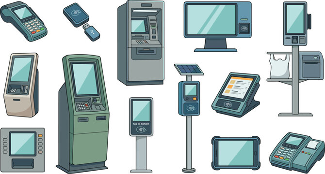 Self Service Checkout Kiosk and POS Terminal Set with ATM, Credit Card Payment Readers, and Digital Touchscreen Devices for Retail Graphic Designs