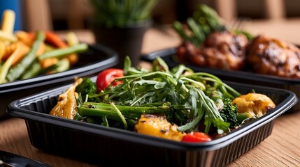 Obraz premium A close up of a black container filled with fresh greens roasted vegetables and cherry tomatoes with other similar meals blurred in the background