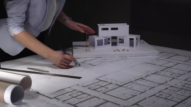 Architect analyzing blueprints and architectural scale model, planning a modern house construction project. Business and architect people concept