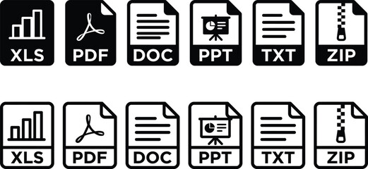 File format icons representing excel pdf word powerpoint text and zip archives © Sanjidul Graphics