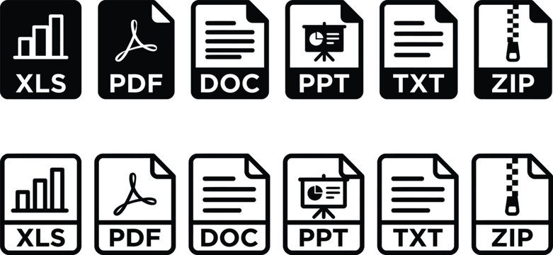 File format icons representing excel pdf word powerpoint text and zip archives