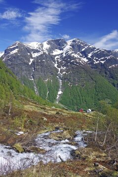 Torrent, spring landscape, barren mountains, Fjell, Gaularfjellet, Gaular, Norway