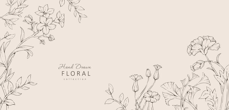 Set of whimsical doodle drawing various flowers and leaves. Luxury floral collection for wedding invitation, wallpaper art or save the date card. Botanical vector