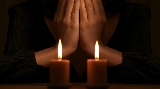 Yom Kippur evening with candles and a person praying at home
