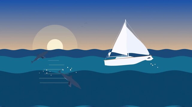Pixel art sailboat sailing on blue ocean waves at sunset with sharks swimming nearby, serene marine life scene