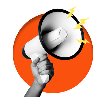 A hand is gripping a megaphone. The background is transparent, and there are lightning symbols around the megaphone. The scene is simple and clear.