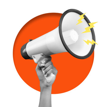 A hand holds a loudspeaker, positioned in front of an orange circle. The loudspeaker has sound waves depicted around it, signaling a call to attention.