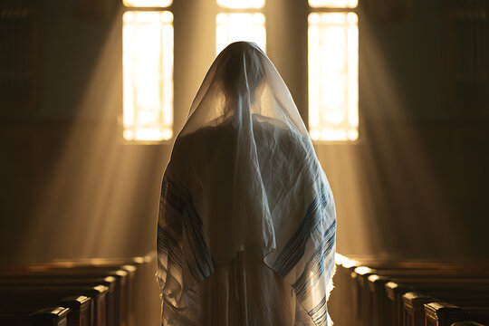Yom Kippur observance with a person in prayer at a synagogue during sunset hours