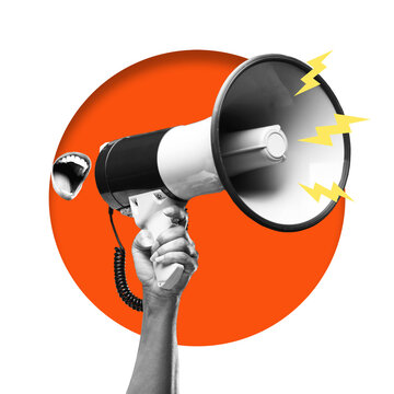 A hand holds a megaphone facing forward. Sound waves are represented by lines coming from the device. The background is transparent.