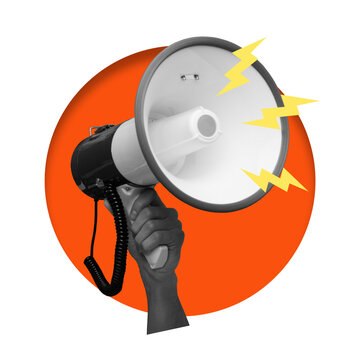A hand grips a megaphone with sound waves emitting from it. The background is transparent. The megaphone stands out clearly as a tool for making announcements or loud sounds.