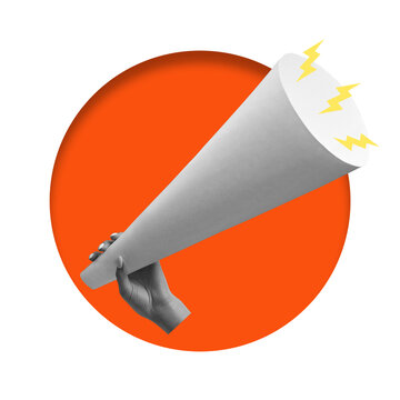 A hand is holding a cone-shaped loudspeaker. The loudspeaker has sound waves depicted coming from it. The background is transparent, and there is an orange circle behind the loudspeaker.