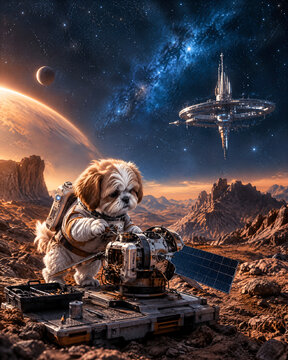 Cute astronaut dog wearing spacesuit sitting on rocky alien planet surface looking at futuristic space station orbiting in deep space mobile wallpaper background