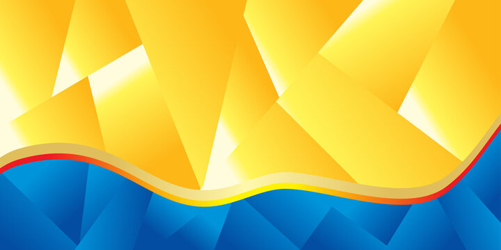 Dynamic yellow abstract geometric banner featuring a flowing blue wave border at the bottom for modern corporate presentations.