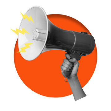 A hand holds a loudspeaker that emits sound waves. The background is transparent with an orange circle. This scene shows communication and expression.