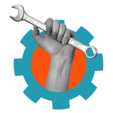 A hand is raised, holding a silver wrench firmly. The background features a colorful gear design. The scene emphasizes tools and mechanical work.
