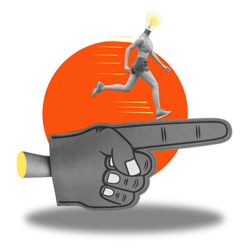 A hand points forward while a woman runs atop it. A light bulb shines bright above her head. The setting has a plain transparent background.