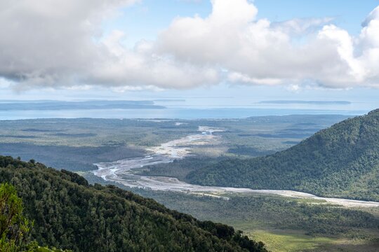 Rio Blanco River flows into the sea, Los Lagos, Patagonia Verde, Chile