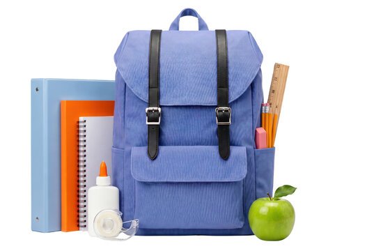 Blue Backpack Filled with School Supplies and a Green Apple