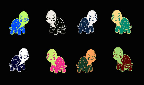 Cute colorful cartoon turtle character set isolated on dark background, Smiling baby tortoise vector illustrations showcasing various bright shell patterns
