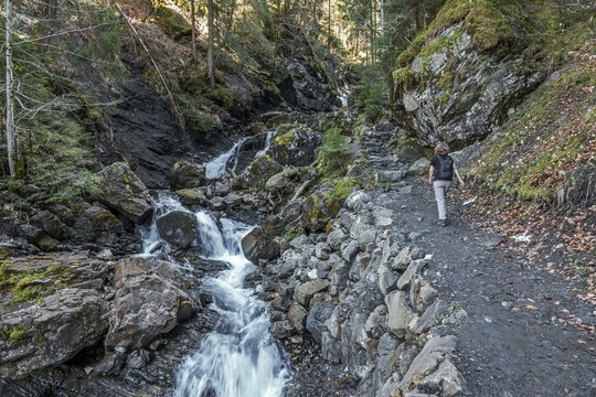 Hiking on the hiking trail in Gaissalptobel with Gaissalpbach, Reichenbach, Oberstdorf, Oberallg&auml;u, Allg&auml;u, Bavaria, Germany