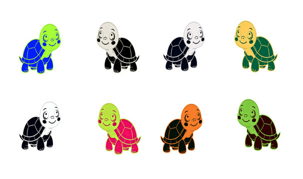 Cute cartoon turtle vector illustration set, Colorful smiling tortoise clip art collection, Happy little baby turtles in various colors, Kawaii reptile mascot character design bundle