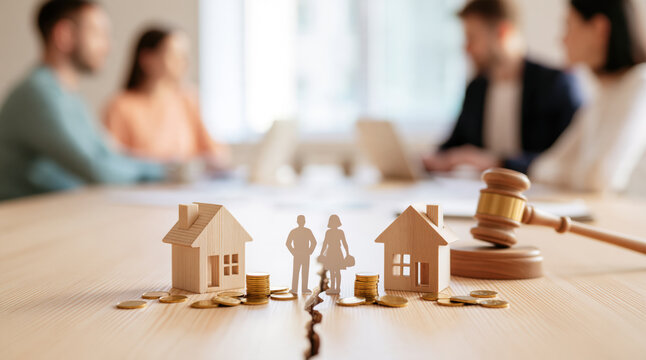 Divorce settlement concept with paper couple split by crack, house models, coins, and gavel on table