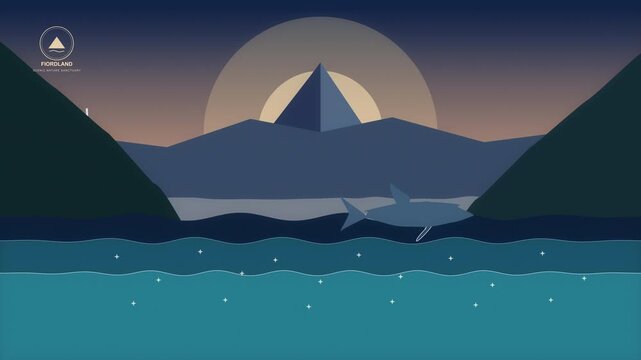 Pixel art seascape with shark swimming in ocean water near geometric mountain at sunset, retro animation loop