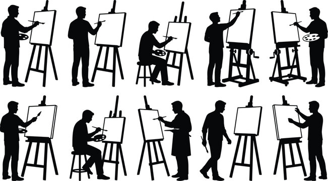 Artist painting on easel silhouettes set, creative painter icons, vector illustration