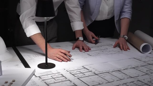 Architects and engineers collaborating on building blueprints using drawing tools at night, planning new projects.