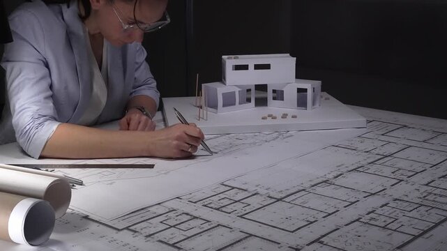 Female architect thinking about a modern house architecture project with blueprint and model on desk. Business and architect people concept