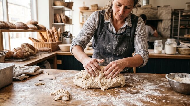 A baker kneading bread dough with flour on a wooden surface