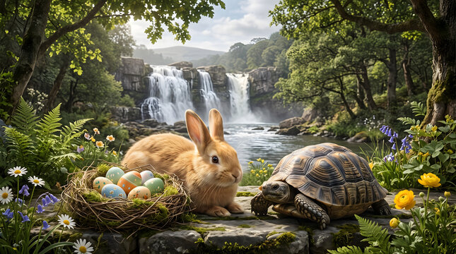 Rabbit and turtle photo with easter eggs in forest and waterfall, cute wildlife animal fable scene