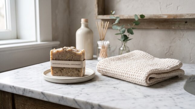 A bar of artisan soap and a soft cotton towel on a marble surface