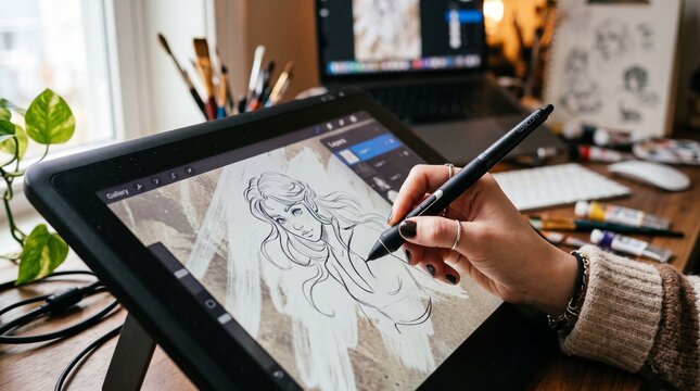 Close up of a stylus drawing on a graphic tablet screen