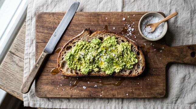 A slice of sourdough bread with avocado and olive oil drizzle