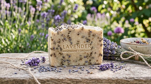 A bar of organic handmade soap with lavender dried flowers