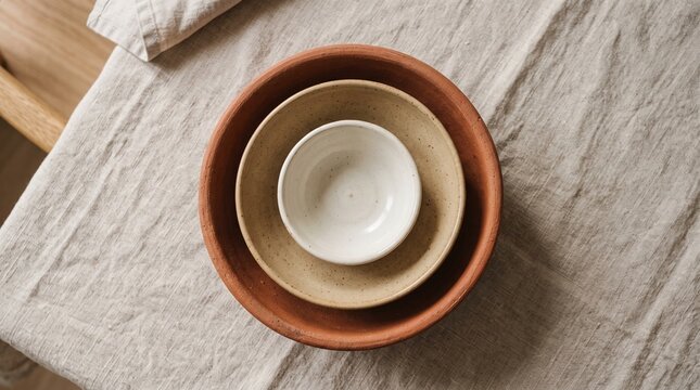 A stack of three ceramic bowls on neutral linen tablecloth