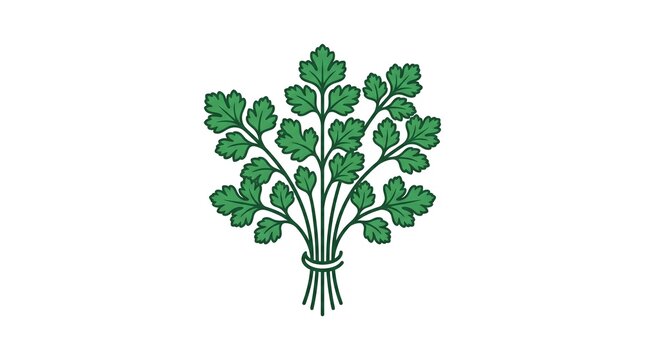A minimalist vector illustration of a fresh bunch of green parsley or cilantro herbs tied together, isolated on a clean white background